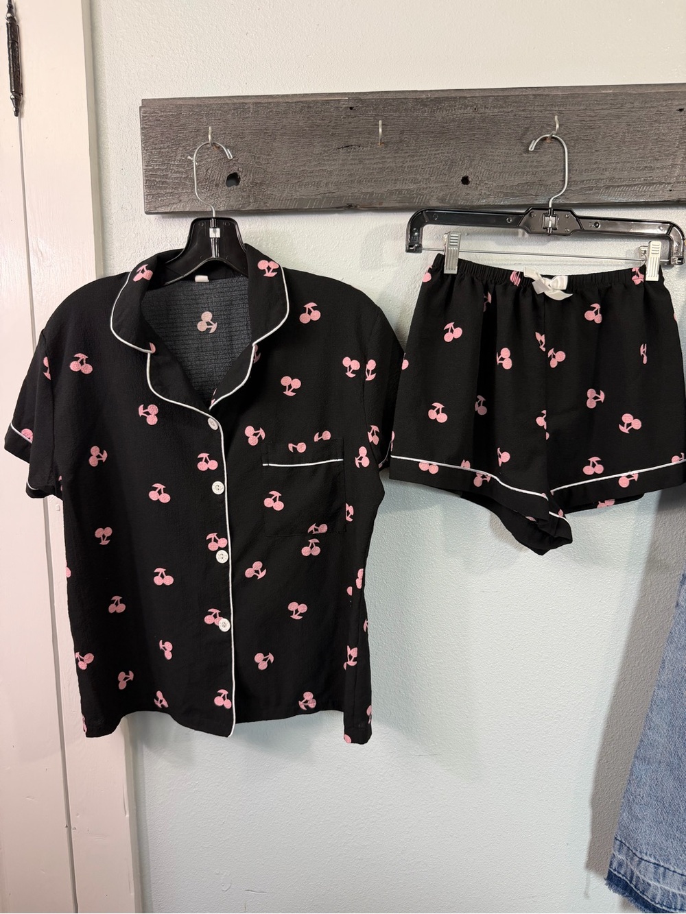Black Short-Sleeve Pajama Set with Pink Cherry Print